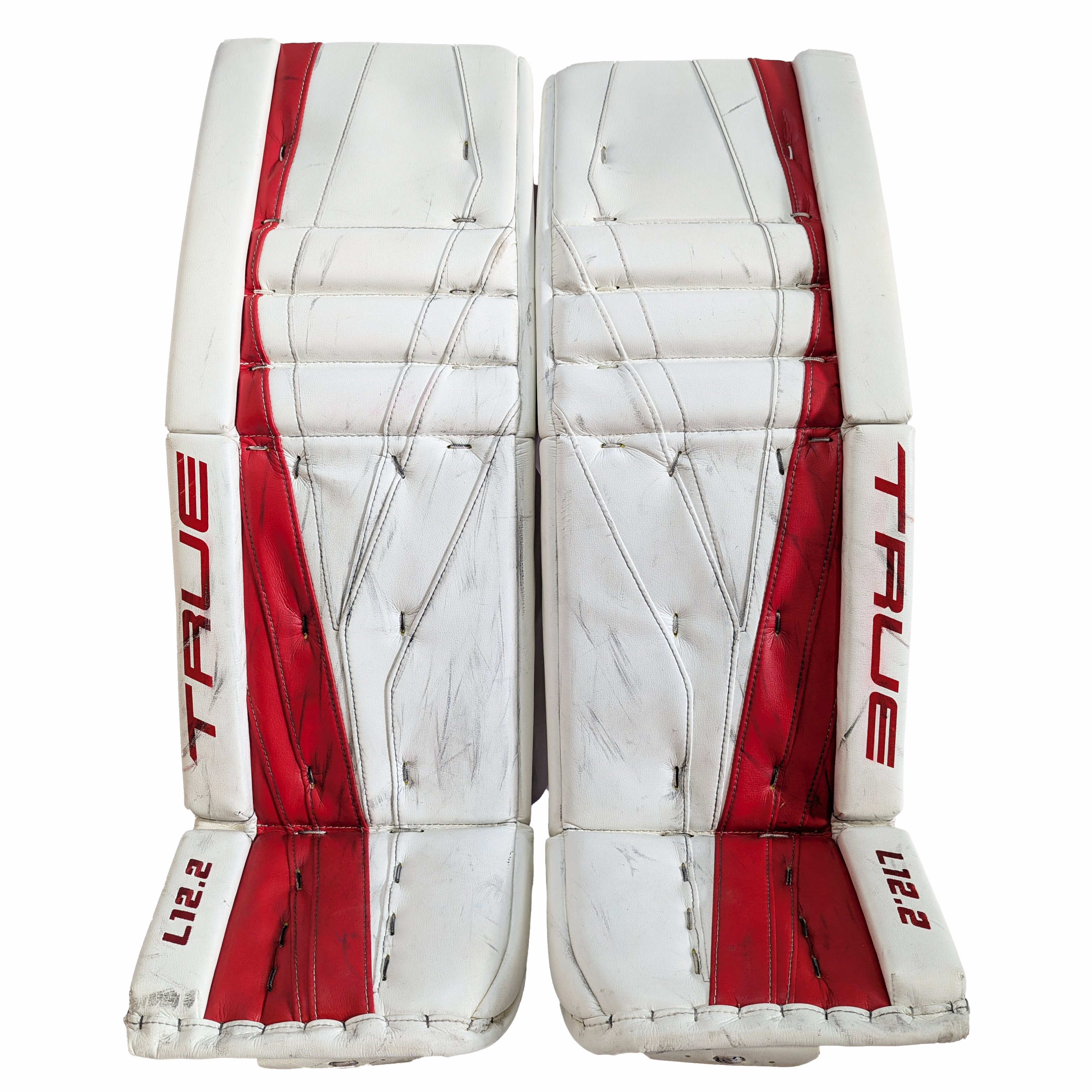 TRUE L12.2 - Jambières de gardien de but AHL Pro Stock d'occasion (blanches/rouges)